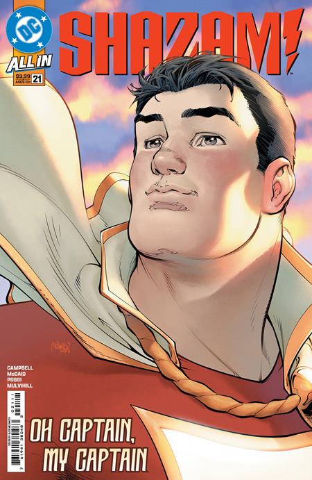 Shazam #21 comic book cover with a headshot of Shazam looking off into the distance and the words Oh captain my captain on the bottom.