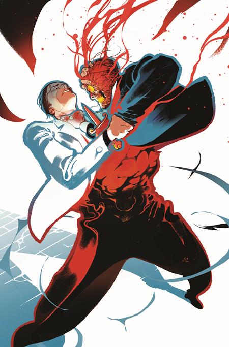 Comic book cover with Two Face holding a knife fighting with himself as a conjoined twin on a white background