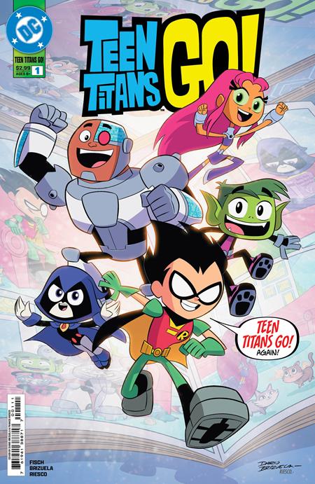 Comic book cover of Teen Titans Go! #1 with Cybor, Robin, Raven, Beast Boy, and starfire jumping out of a comic book
