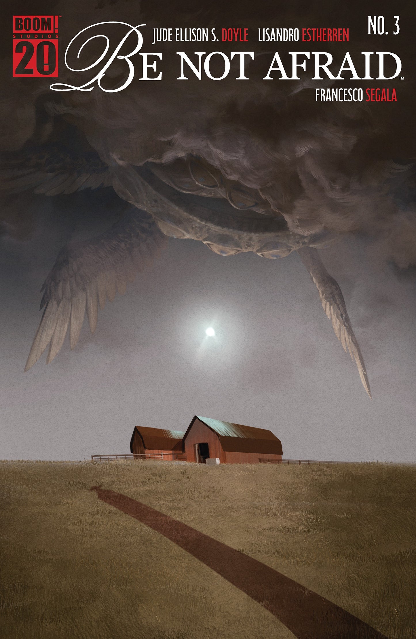 Comic book cover with flat landscape and a barn with a bright moon above it and a massive creature with wings coming out of the clouds