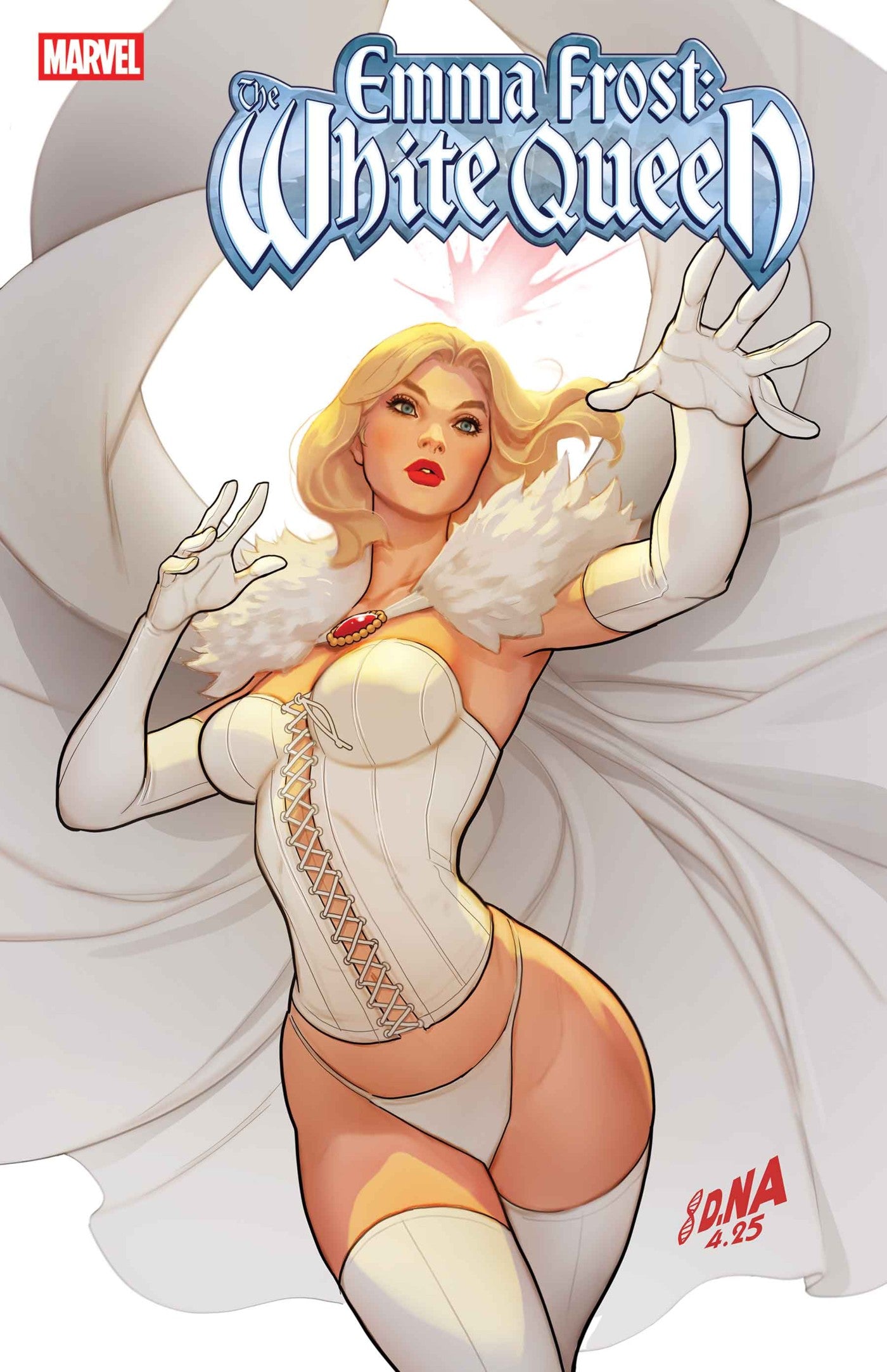 Comic book cover featuring Emma Frost in a white outfit with 'White Queen' title