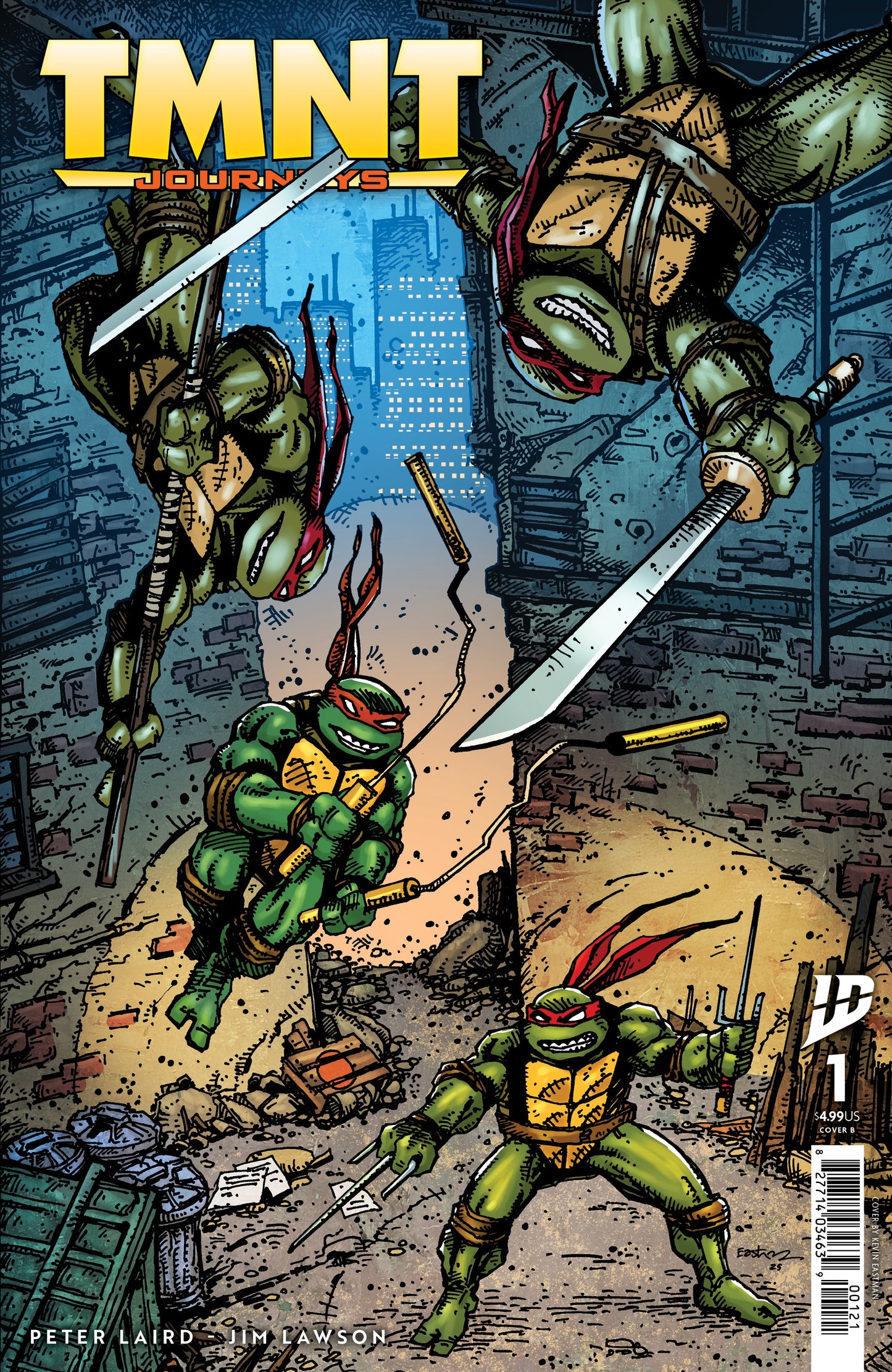 Comic book cover featuring Teenage Mutant Ninja Turtles in a dynamic pose with cityscape background.