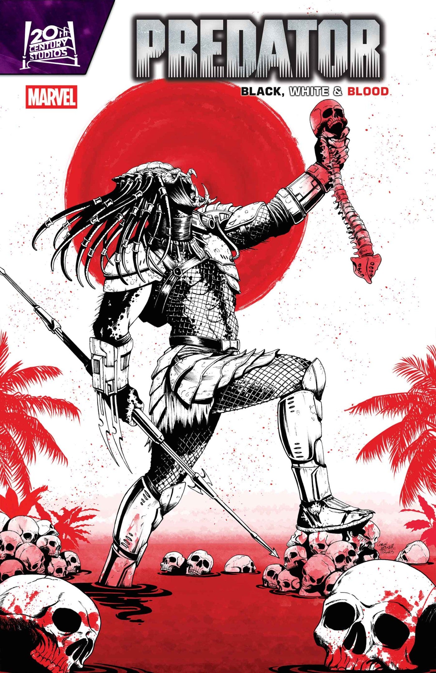 Comic book cover featuring a Predator character with a red sun and palm trees in the background. Holding up a skull and spine