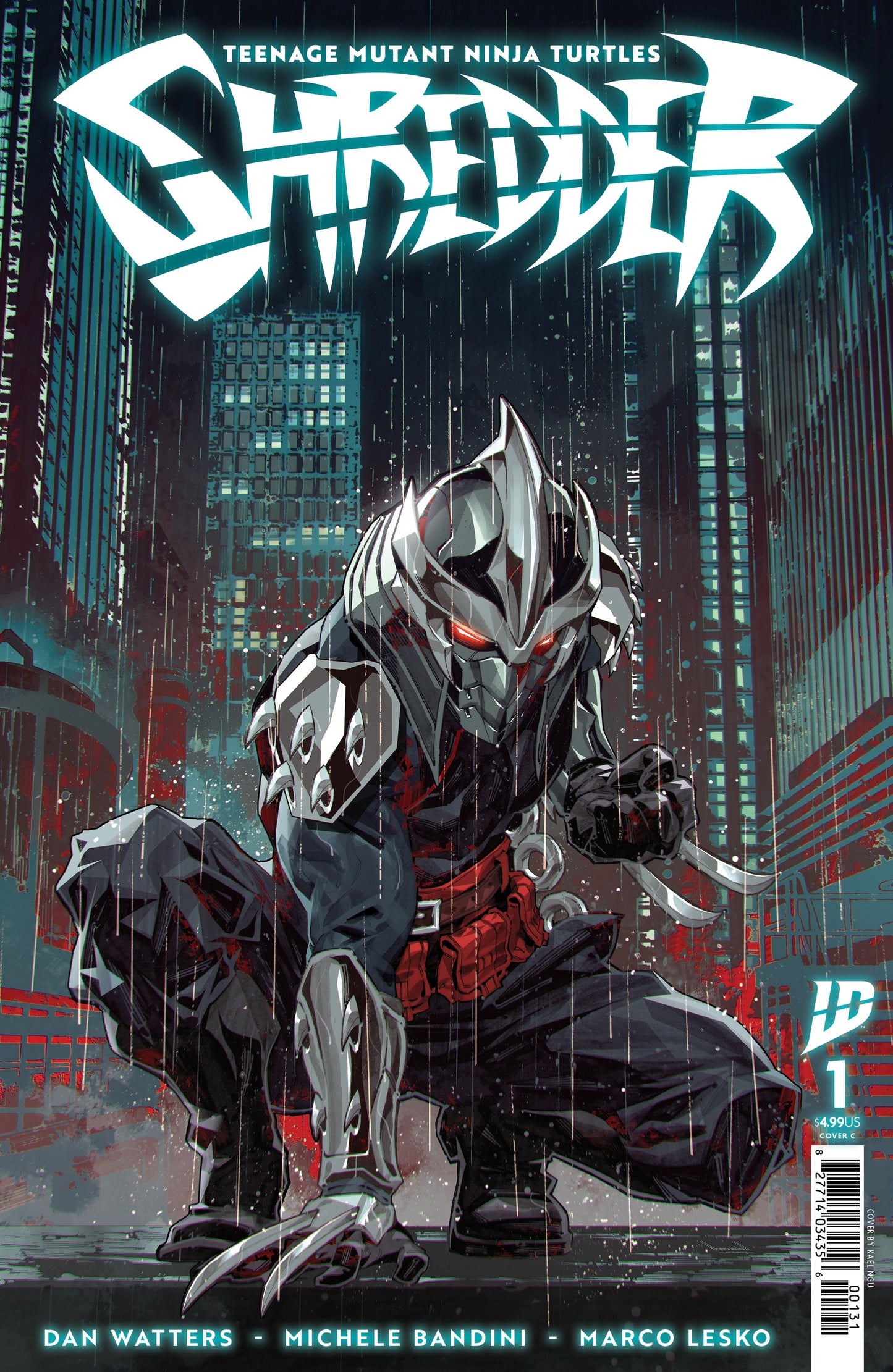 Comic book cover featuring Shredder a samurai-like character with a cityscape background