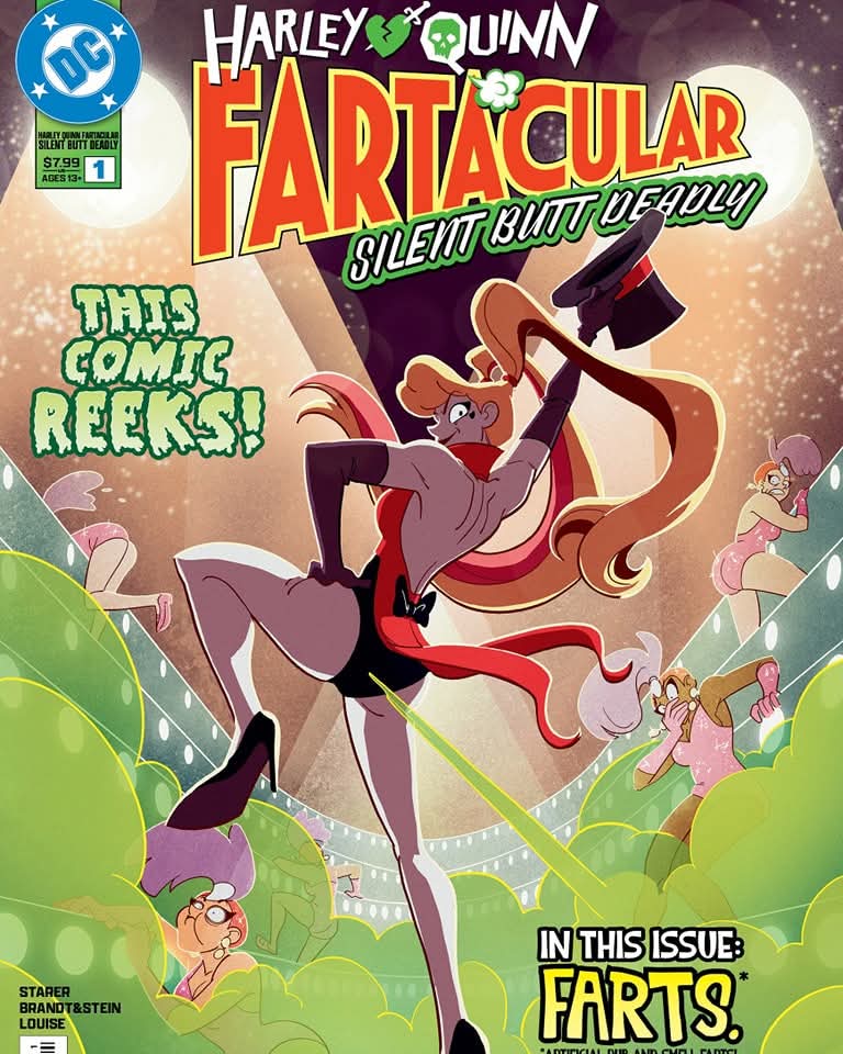 The cover of 'Harley Quinn Fartacular Silent Butt Deadly #1' featuring a colorful illustration of Harley Quinn in a dynamic pose with text and background elements emphasizing the comedic and gross nature of the content.