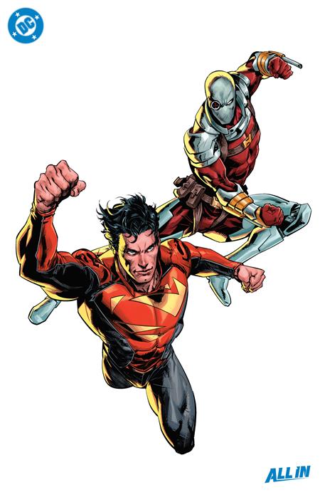 Secret Six #1 comic book cover with Jon Kent and Dead Shot with metal armor springing into action on a white background.