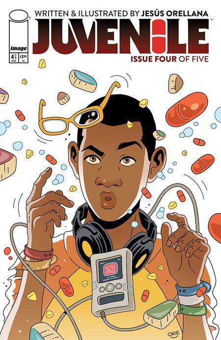 Juvenile #4 comic book cover of a young teenager wearing an orange and yellow shirt, short black hair  with headphones around his neck and pills, and his glasses floating around him on a white background.