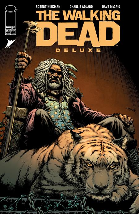 Walking Dead comic book cover with Ezikiel sitting in a throne holding a staff and a tiger laying at his feet on a brown and black background