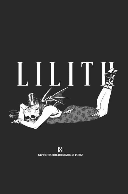 Black and white illustration of a character labeled 'LILITH' on a black background to cover a mystery cover.