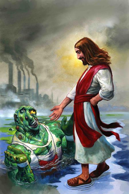 Man in biblical attire interacting with a dinosaur-like creature in an industrial setting
