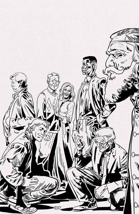 Black and white illustration of a group of people in various poses on a light gray background