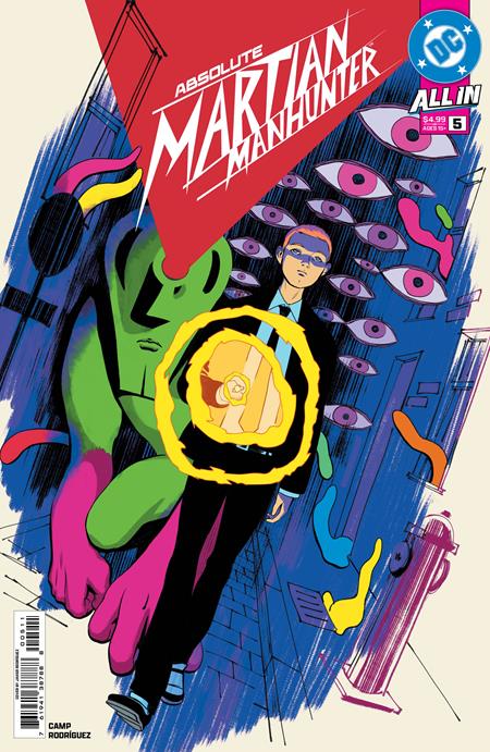 "Martian Manhunter #6 (2024) comic book cover by Javier Rodriguez – DC Comics – psychedelic art style featuring Martian Manhunter and John Jones with surreal imagery and all-seeing eyes"