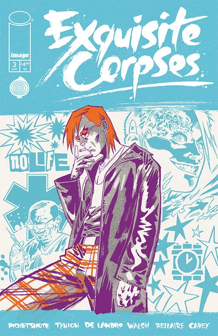 Comic book cover of 'Exquisite Corpses' with a character sitting and thinking, featuring a blue and purple color scheme.