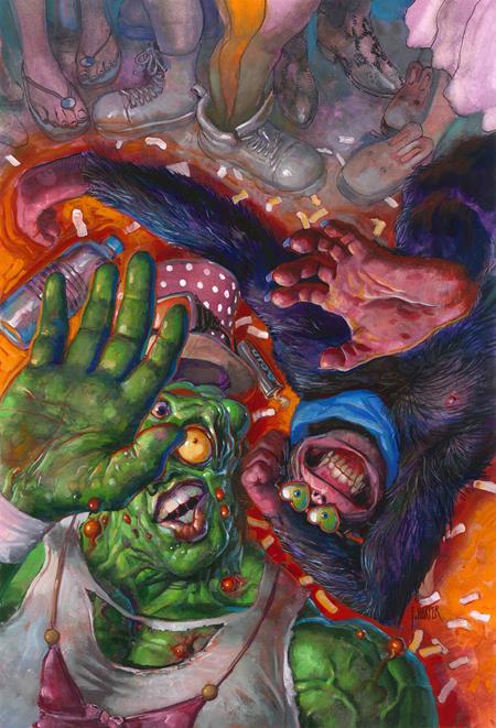 Colorful artwork of a green creature with a hand reaching out, surrounded by feet and shoes.