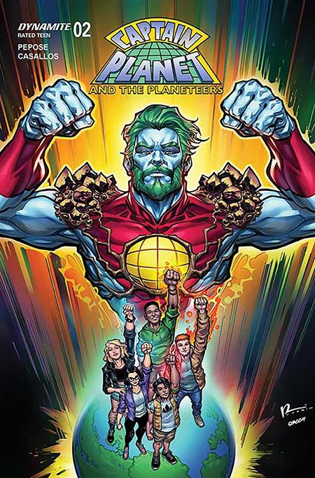 "Captain Planet and the Planeteers #2 comic book cover – Dynamite Comics 2025 – illustrated superhero Captain Planet with glowing Earth background and diverse Planeteers raising fists"