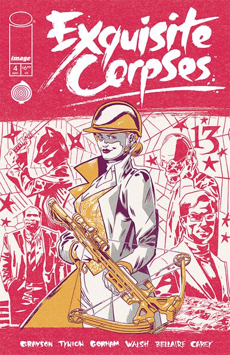 Comic book cover of 'Exquisite Corpses' with a person playing an instrument on a red background.