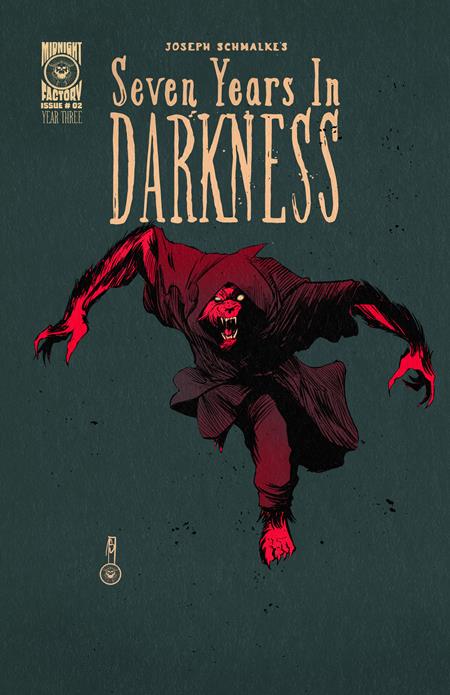 Comic book cover of 'Seven Years In Darkness' with a dark background and red-clad figure.