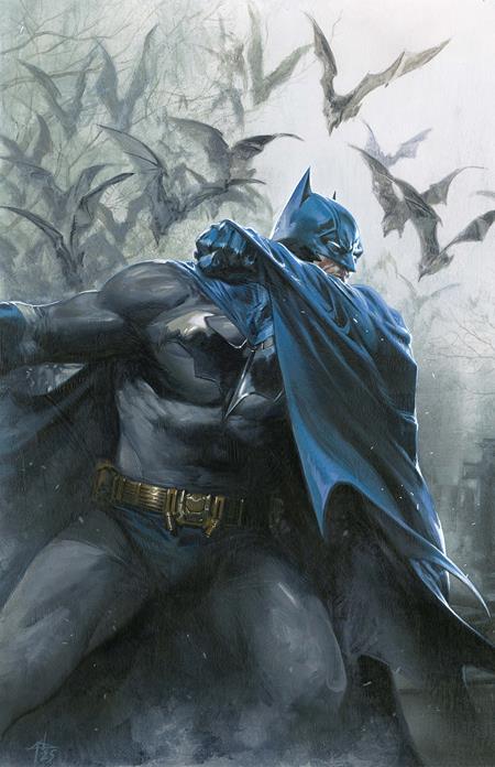 Batman in a dynamic pose with bats flying in the background