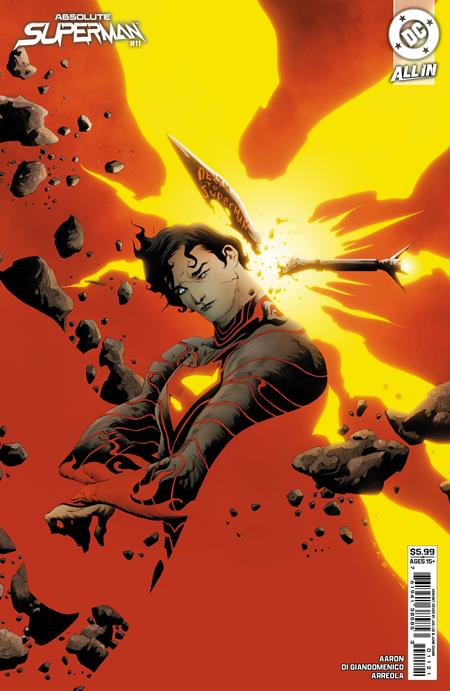 Comic book cover featuring a character in a dynamic pose with a fiery background