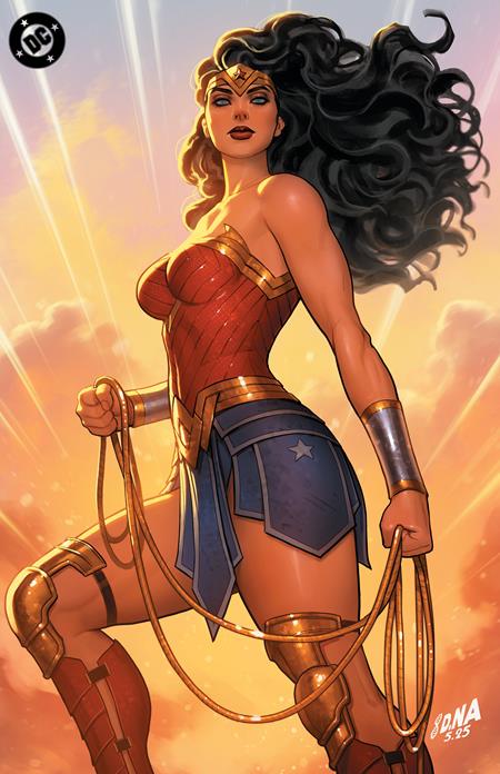 Comic book-style illustration of Wonder Woman with a dynamic pose against a sunset sky.