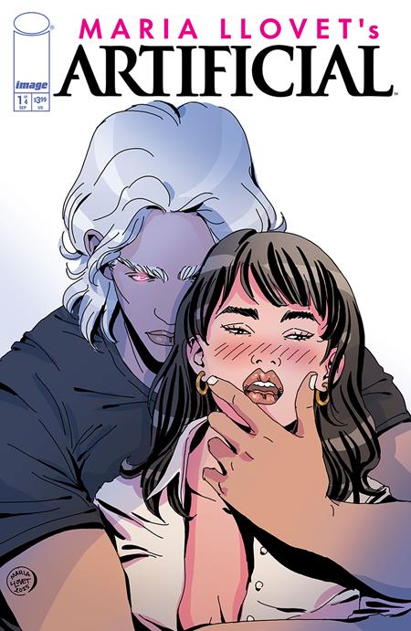 Comic book cover of 'Artificial' featuring a character with white hair and another with dark hair, held by a hand.
