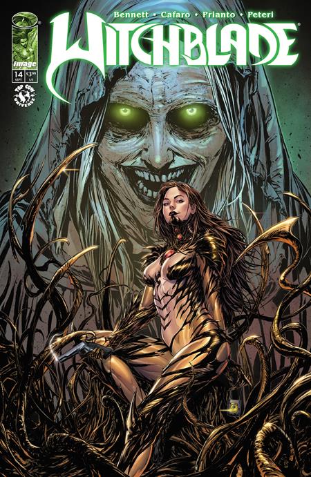 Comic book cover of 'witchblade' featuring a character with glowing eyes and a menacing expression.