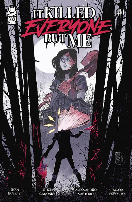 Comic book cover of 'It Killed Everyone But Me' with a person holding a weapon in a forest setting.