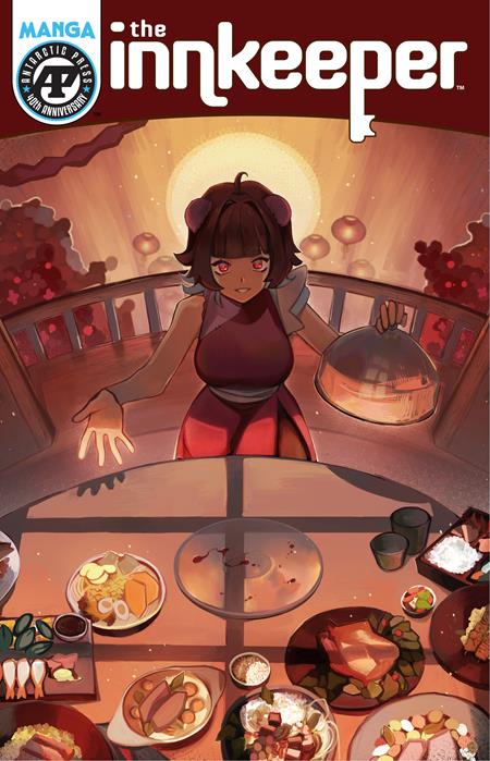 Cover of 'The Innkeeper' manga with a character at a table with food.