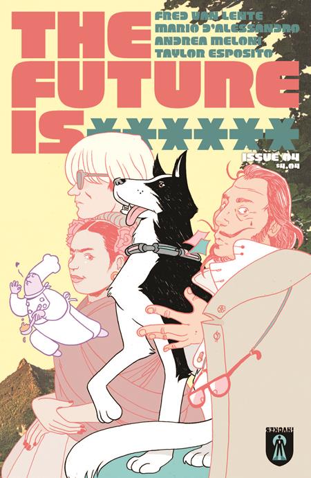 Comic book cover with two people and a dog, featuring text 'The Future Is...', with a beige background.