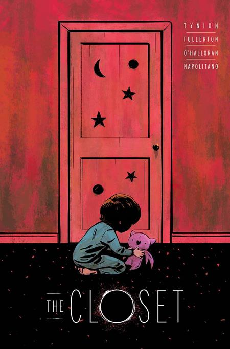 Book cover of 'The Closet' with a child and teddy bear in front of a red door.