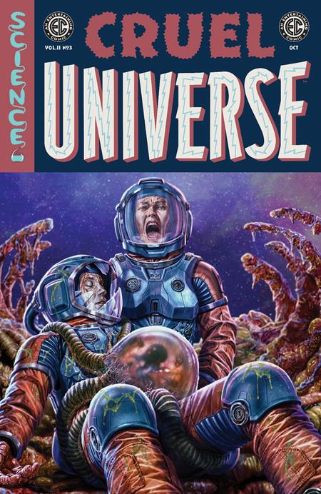 Comic book cover titled 'Cruel Universe' featuring astronauts in space suits with a cosmic background.