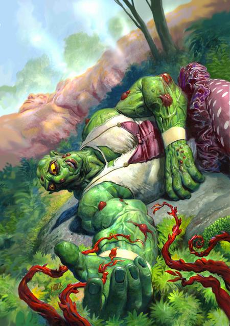 Cover art of 'Toxic Avenger #4' featuring a character with green skin and a bandage, surrounded by a forest and what appears to be a red mushroom.