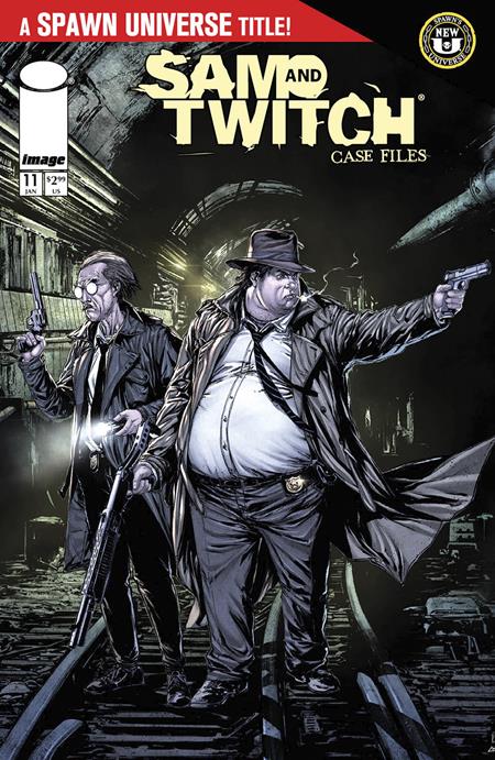 Sam and Twitch case files #11 comic book cover with Sam pointing a gun looking around while smoking a cigarette and Twitch by his side with a flashlight and a gun looking the other direction standing in a subway tunnel.