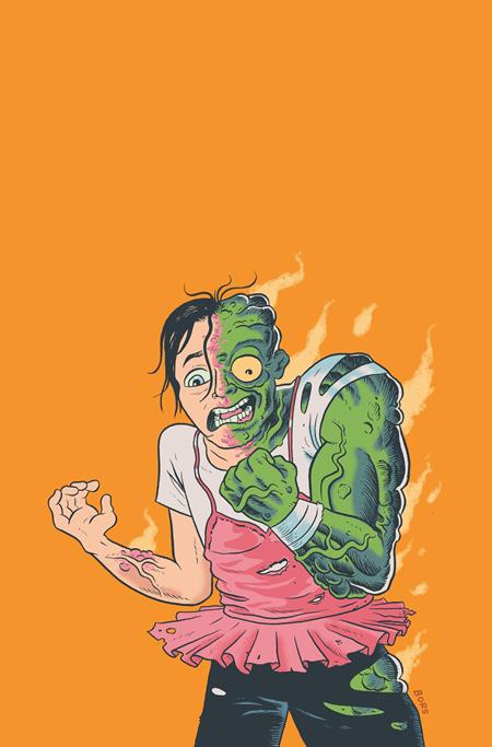 A comic book cover featuring a green-skinned character with a mop of hair, dressed in a pink tutu and white shirt, against an orange background. The character appears to be in a dynamic pose with flames around him.