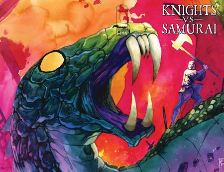 Knights vs. Samarai #6 wraparound comic book cover of a medival man fighting a giant snake on a vibrant red and orange background