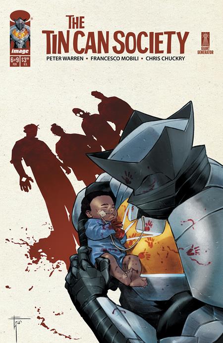 Comic book cover someone in metal armor holding a dark complected baby with a tube connected to its face and red shadows of four other people behind them on a white background