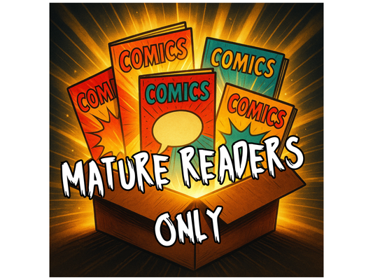 Cartoon box with comic books labeled 'Mature Readers Only' on a dark background
