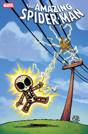 Amazing spiderman #69 comic book cover by skottie young of spiderman being electrocuted by power lines that he flew his kite into