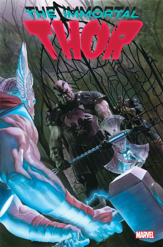 Immortal Thor #21 comic book cover with Executioner standing in front of an iron gate and Thor standing in front of him ready to attack and Thors reflection in the Executioners blade with Thanos watching behind the gate in the background.