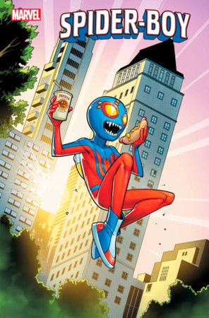 Spider -Boy #17 comic book cover with spider-boy flying through the air with a hot dog in one hand a drink in his other with tall buildings in the background and the sun shining between the buildings