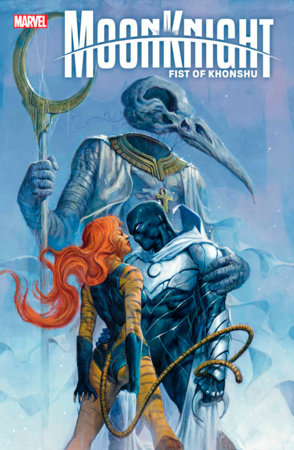 Marvel Moon knight #6 comic book cover with moon knight and Tigra Face to Face and a diety with a bird skull in the background