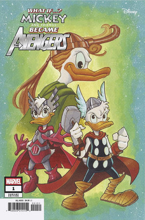 WHAT IF...? MICKEY & FRIENDS BECAME THE AVENGERS #1 Comic book cover with Donald Duck as Thor and Daisy Duck and another dressed as other avengers including Loki