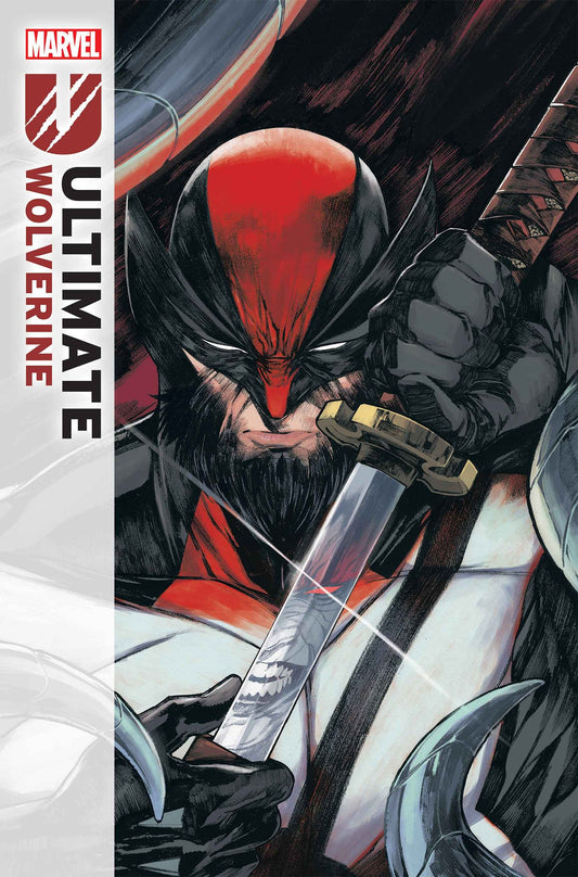 Comic book cover featuring Ultimate Wolverine with a sword, Marvel logo on the side.