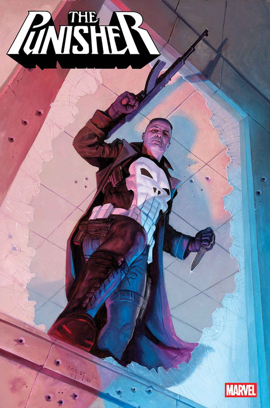Comic book cover featuring 'The Punisher' with a character holding a mask and gun.