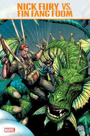 Nick fury vs. Fin fang foom comic cover with nick fury fighting a large green dragon