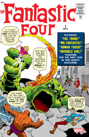 Comic book cover reprint of fantastic 4 #1 that depicts an epic battle between a green monster and the fantastic 4 in a city street."