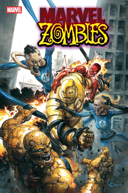 Comic book cover of 'Marvel Zombies' featuring superhero zombies in a cityscape.