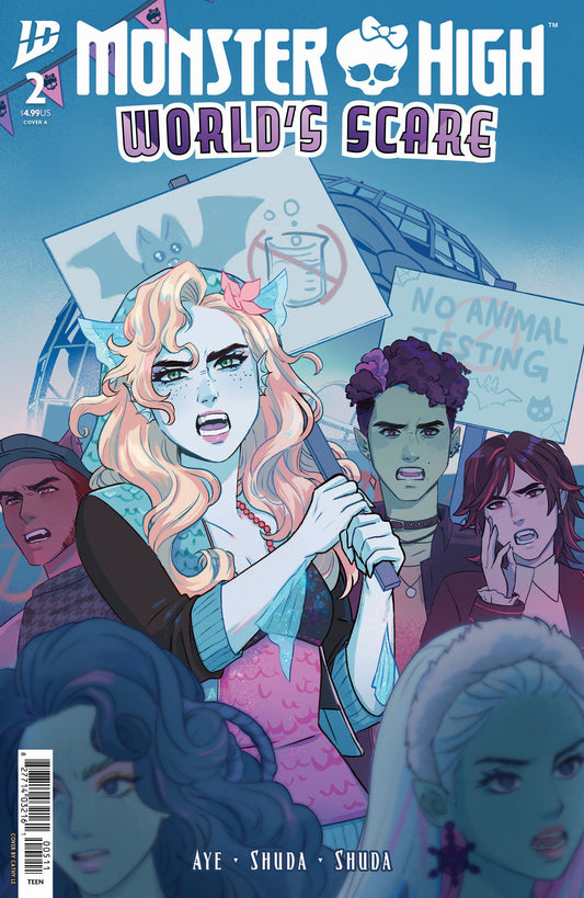Monster High comic book cover with characters holding signs and a central figure with a microphone.