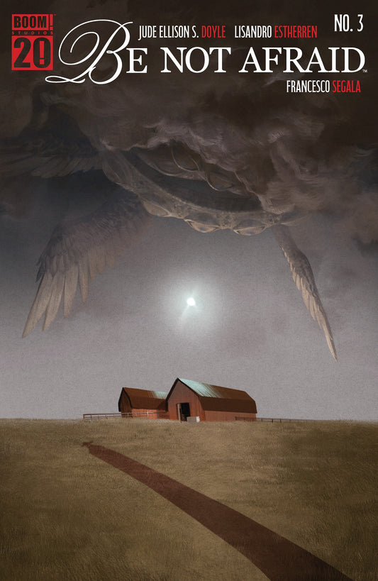 Comic book cover with flat landscape and a barn with a bright moon above it and a massive creature with wings coming out of the clouds