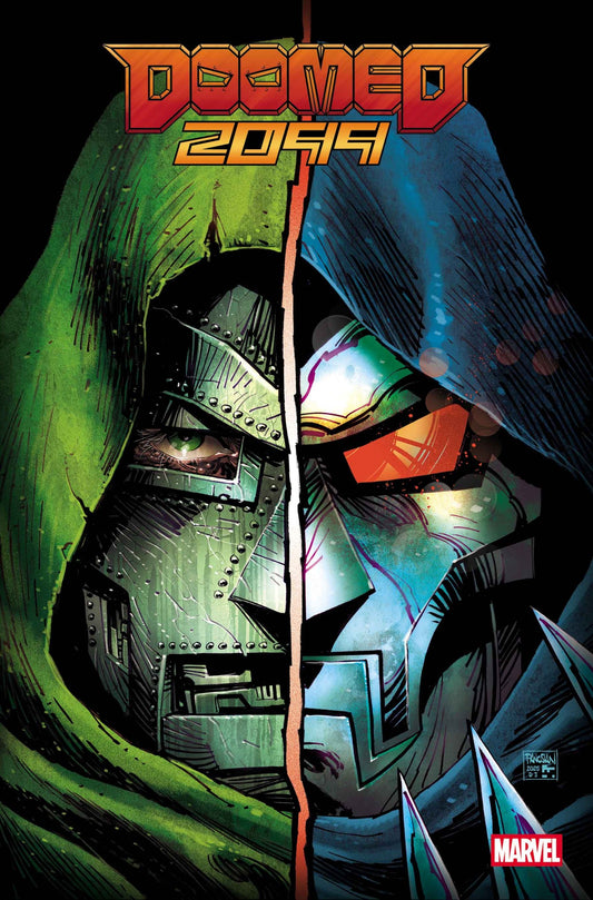 Comic book cover of 'Doomed 2099' with Doom, a hooded character split image of Dooms old mask and his new mask.